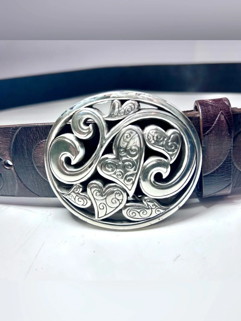 Brighton Love Carnival Brown Tooled Heart Leather Belt 40 Silver Filigree Buckle